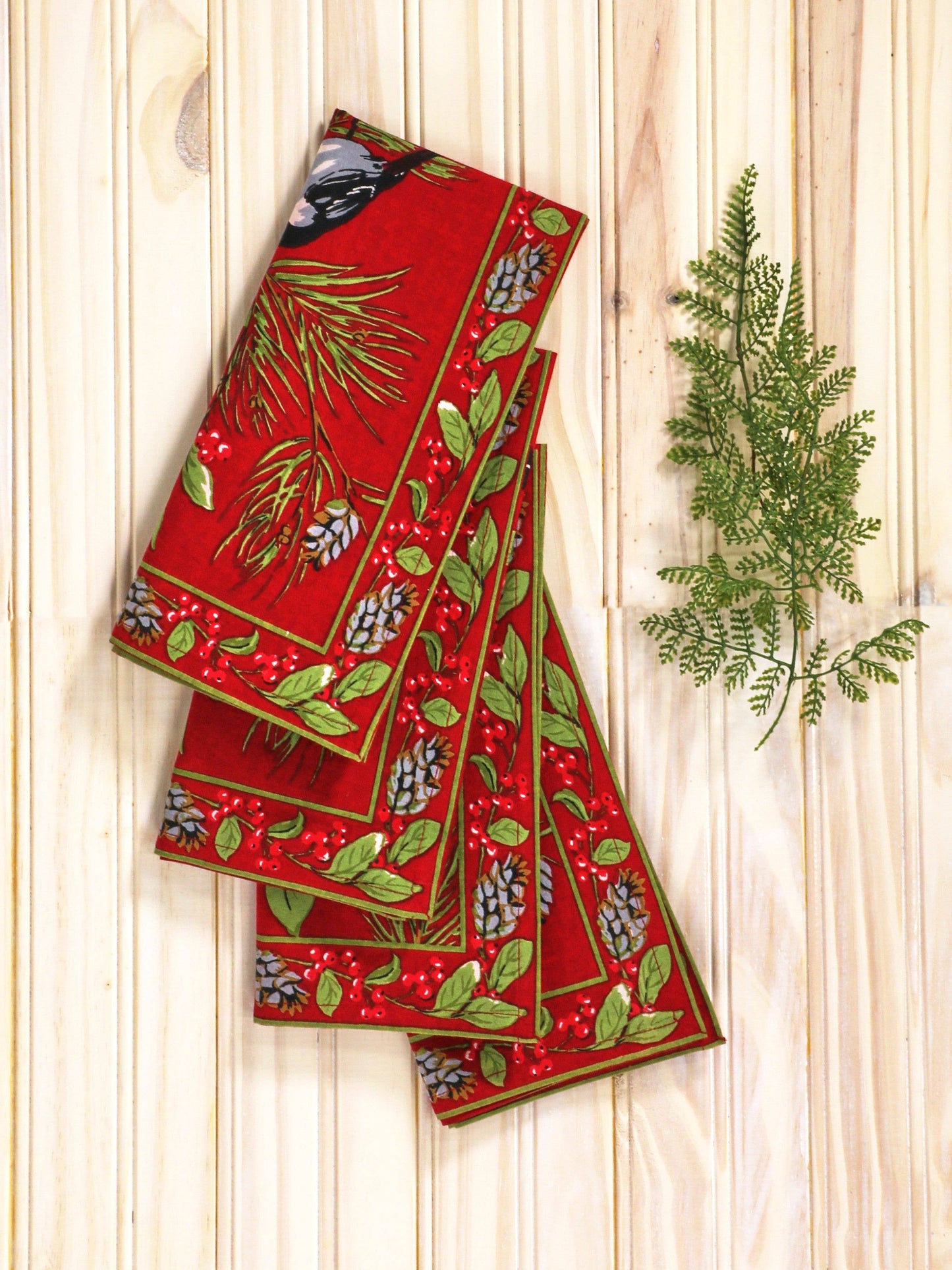 Napkins, Christmas Chickadee Napkins Set of 4, red