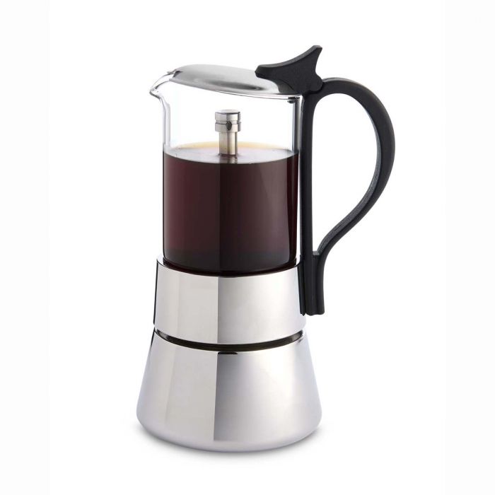 4 cup Glass Top Espresso Maker with stainless steel bottom and black handle with espresso inside