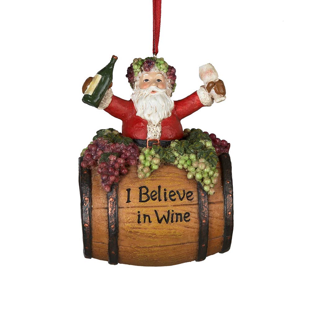 4"RESIN SANTA ON WINE BARREL ORNAMENT