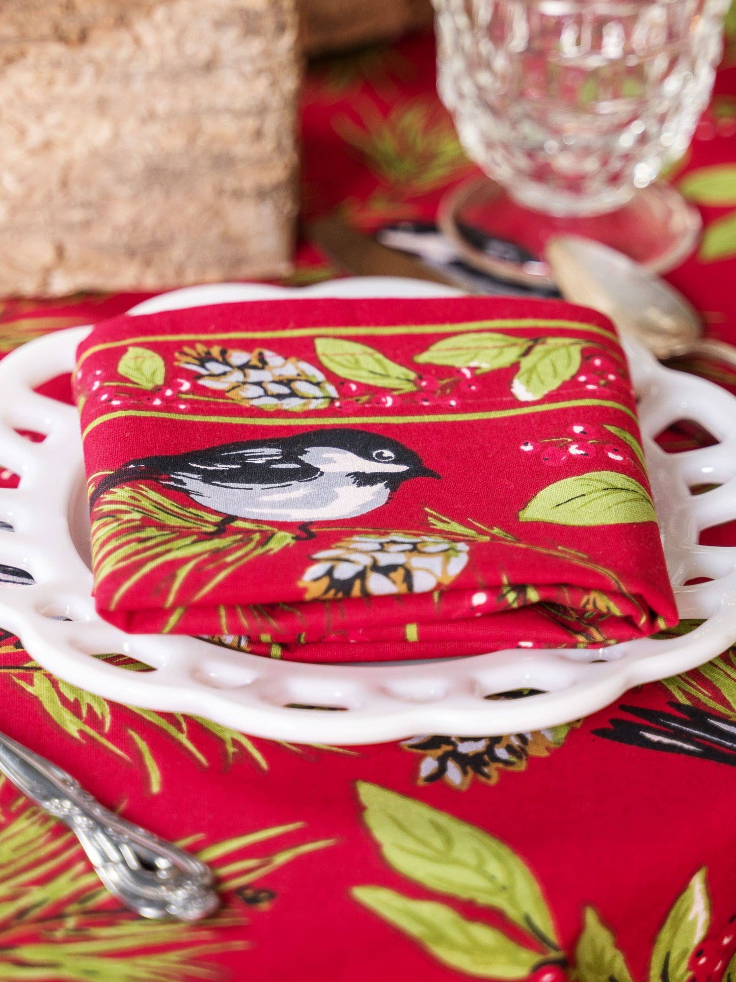 Napkins, Christmas Chickadee Napkins Set of 4, red