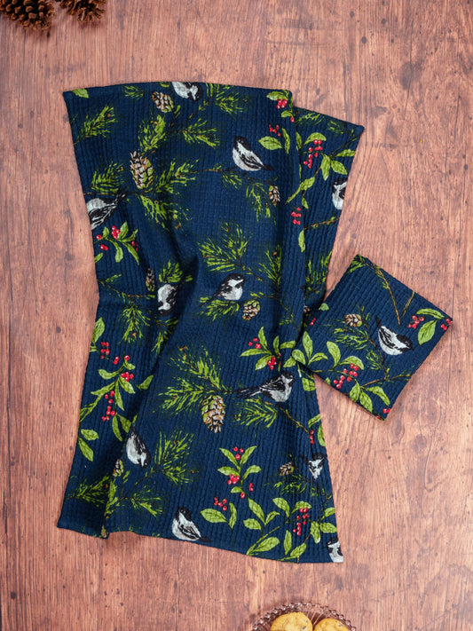 Tea Towel, Chickadee Tea Towel Set of 2 - Navy