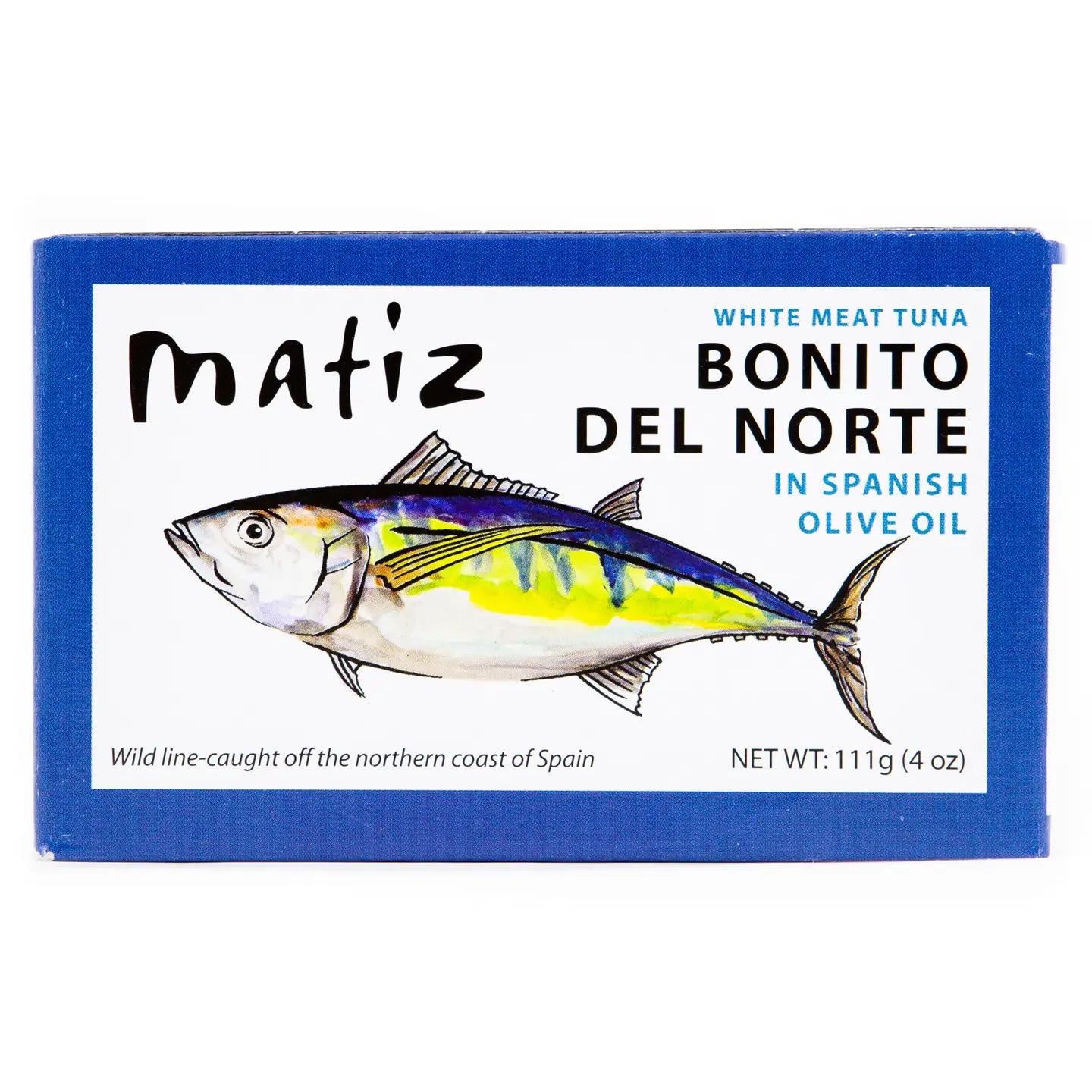 A tin can of Matiz Bonito del Norte in Spanish olive oil with a illustration of a fish on the label.