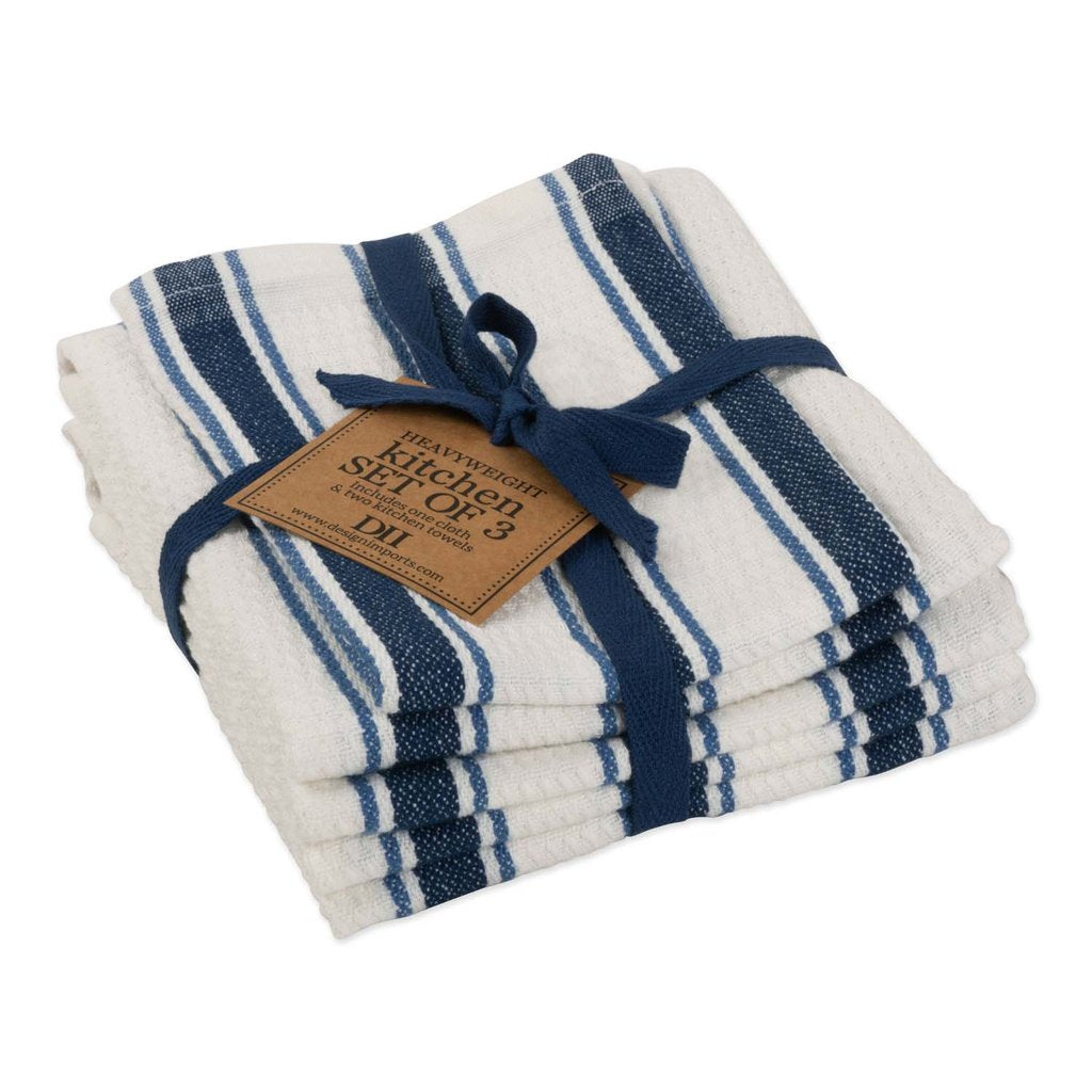 Dish Towel, Marine Blue Classic Stripe Heavyweight Kitchen Set of 3